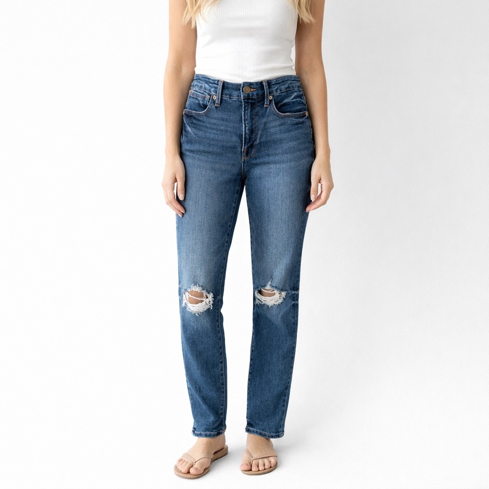 Good American Cropped Straight Leg Jeans 26 (US 2) Mid Rise Distressed Blue Wash
